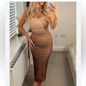 Zara tulle pleated print dress. Brown to cream